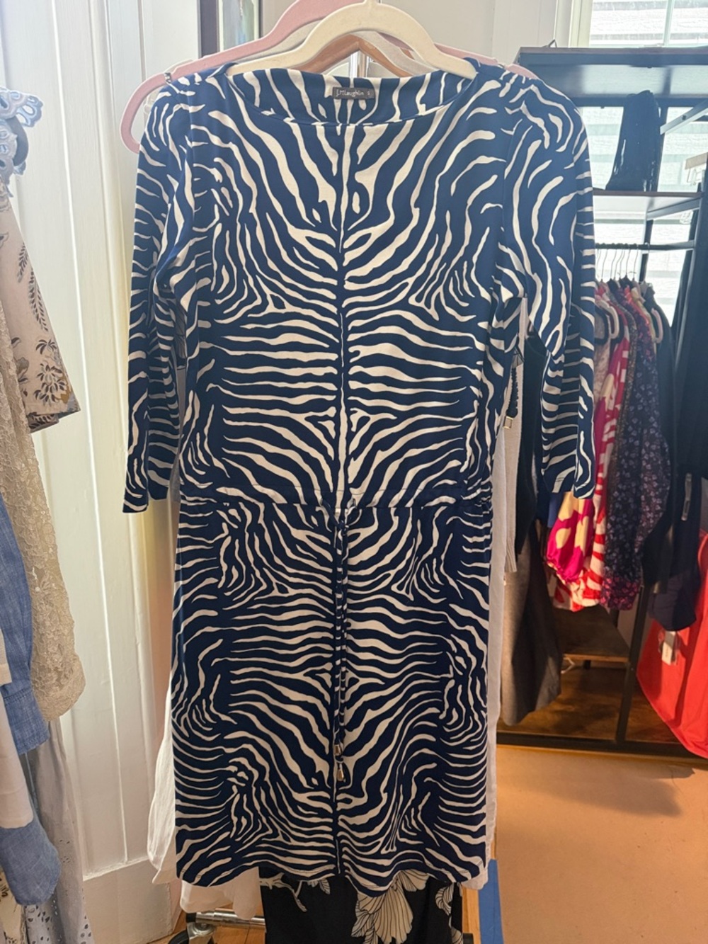 J. McLaughlin Black and White Zebra-Print 3/4 Length -Sleeve Dress